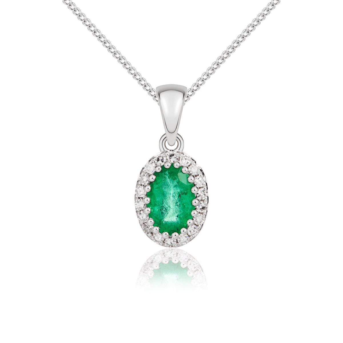 9CT WHITE GOLD OVAL EMERALD AND DIAMOND CLAW CLUSTER PENDANT