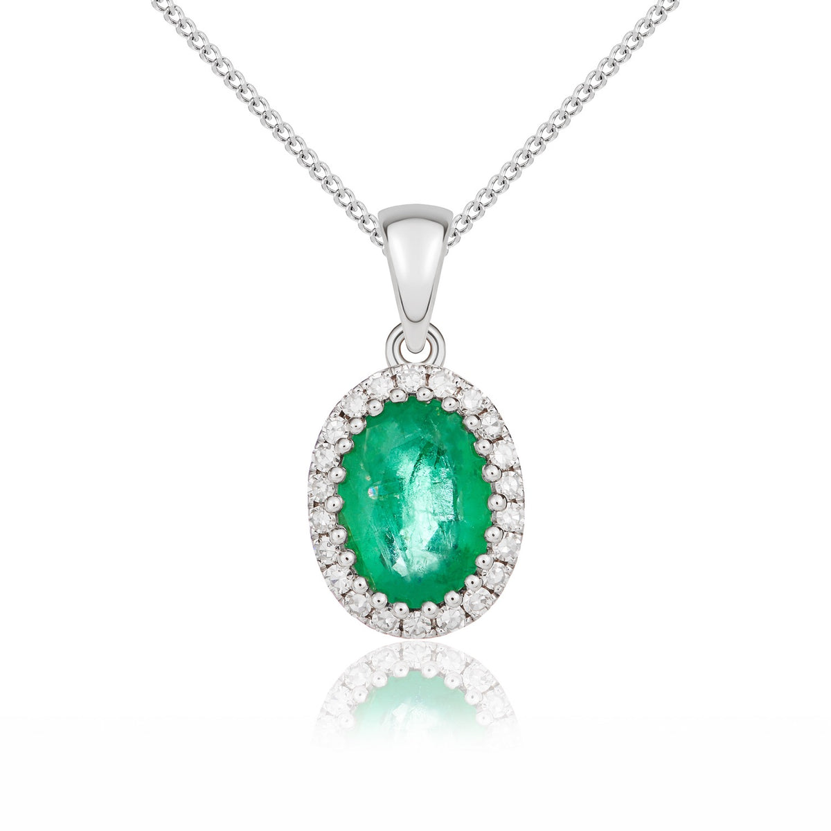9CT WHITE GOLD OVAL EMERALD AND ROUND DIAMOND CLAW SET CLUSTER PENDANT WITH PLAIN LOOP