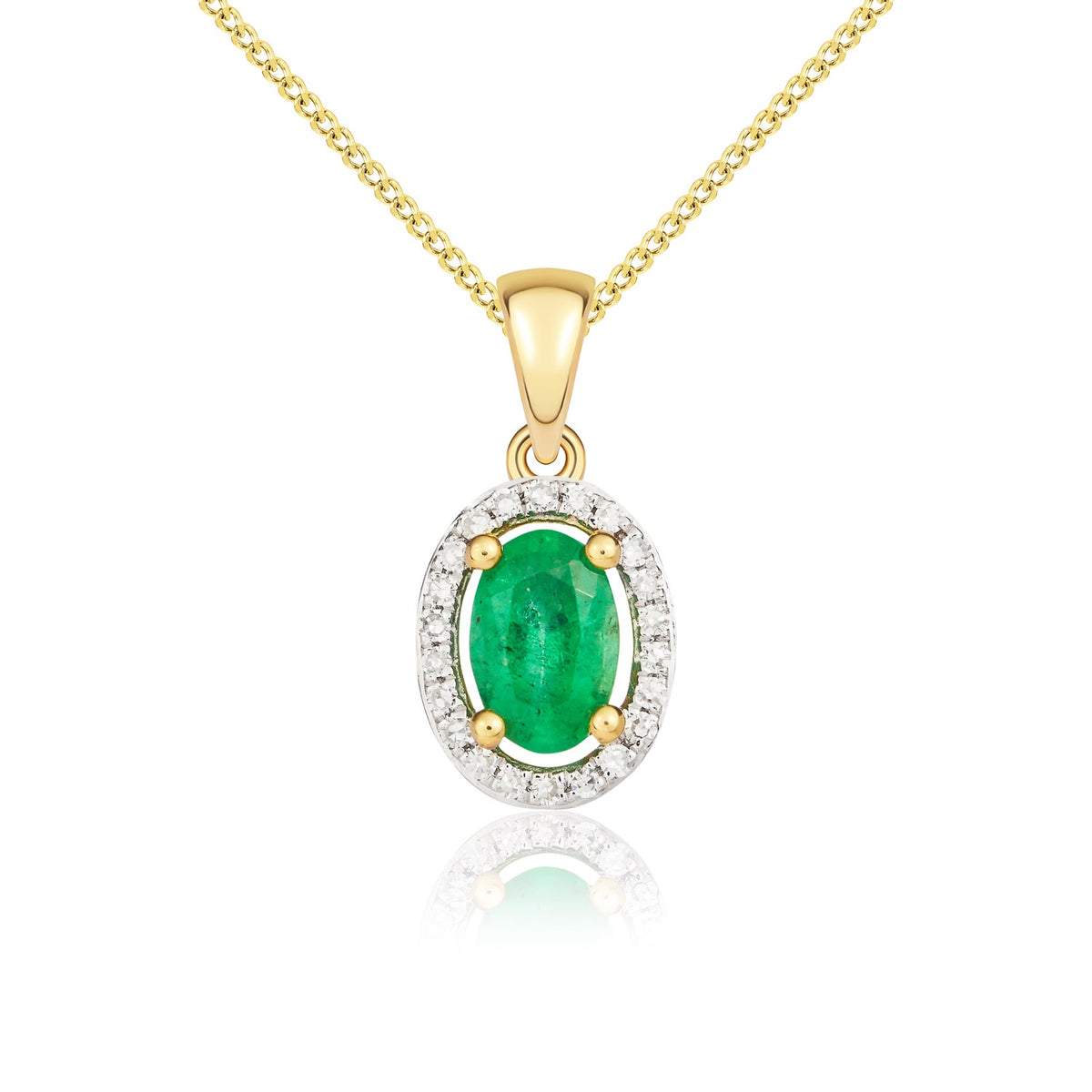 9CT YG 6X4 OVAL EMERALD AND ROUND DIAMOND HALO CLUSTER PENDANT WITH PLAIN LOOP TOP. RHODIUM TO DIAMONDS