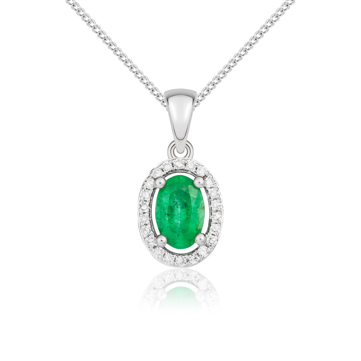 9CT WG 6X4 OVAL EMERALD AND ROUND DIAMOND HALO CLUSTER PENDANT WITH PLAIN LOOP TOP