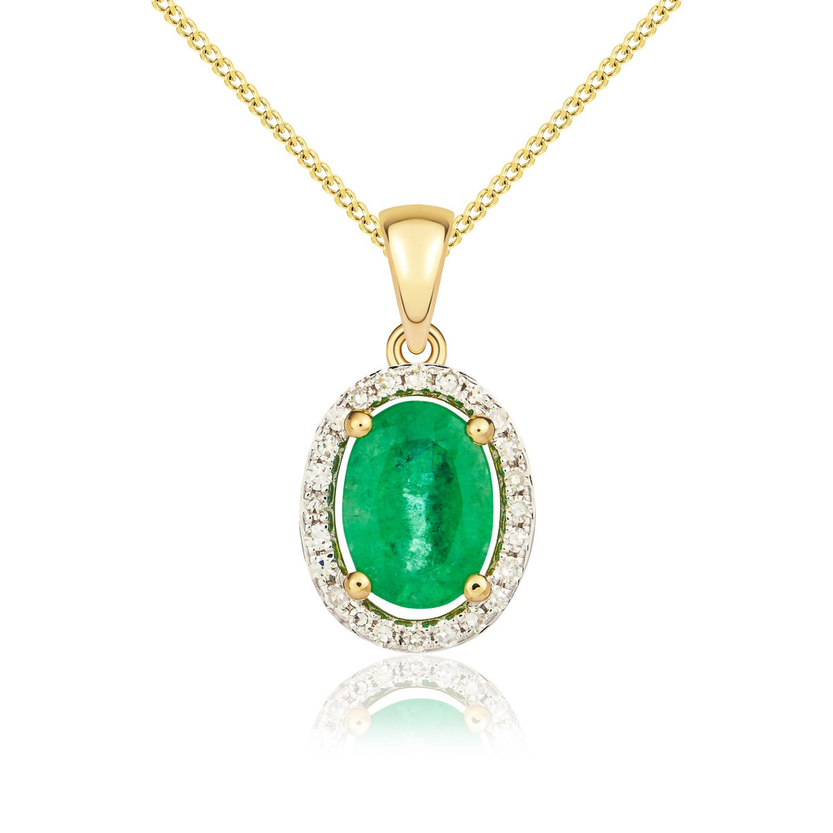 9CT YG 7X5MM OVAL EMERALD AND DIAMOND HALO CLUSTER PENDANT. RHODIUM TO DIAMONDS