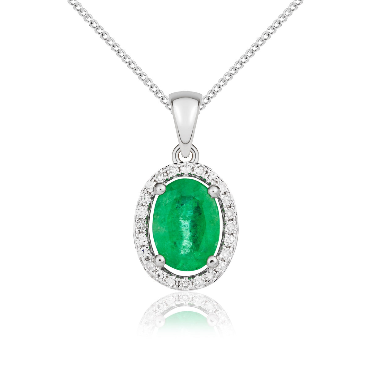 9CT WG 7X5MM OVAL EMERALD AND DIAMOND HALO CLUSTER PENDANT