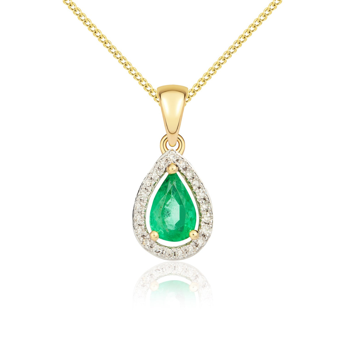 9CT YG  6X4 PEARSHAPE EMERALD & DIAMOND HALO CLAW CLUSTER PENDANT. RHDOIUM TO DIAMONDS