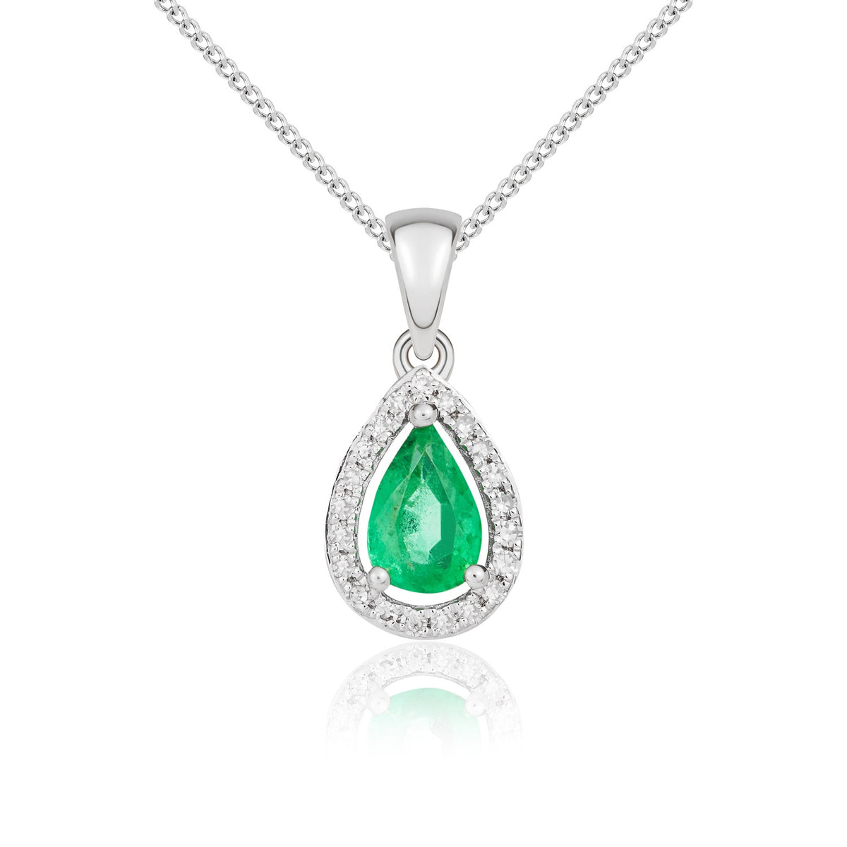 9CT WG 6X4 PEARSHAPE EMERALD & DIAMOND HALO CLAW CLUSTER PENDANT