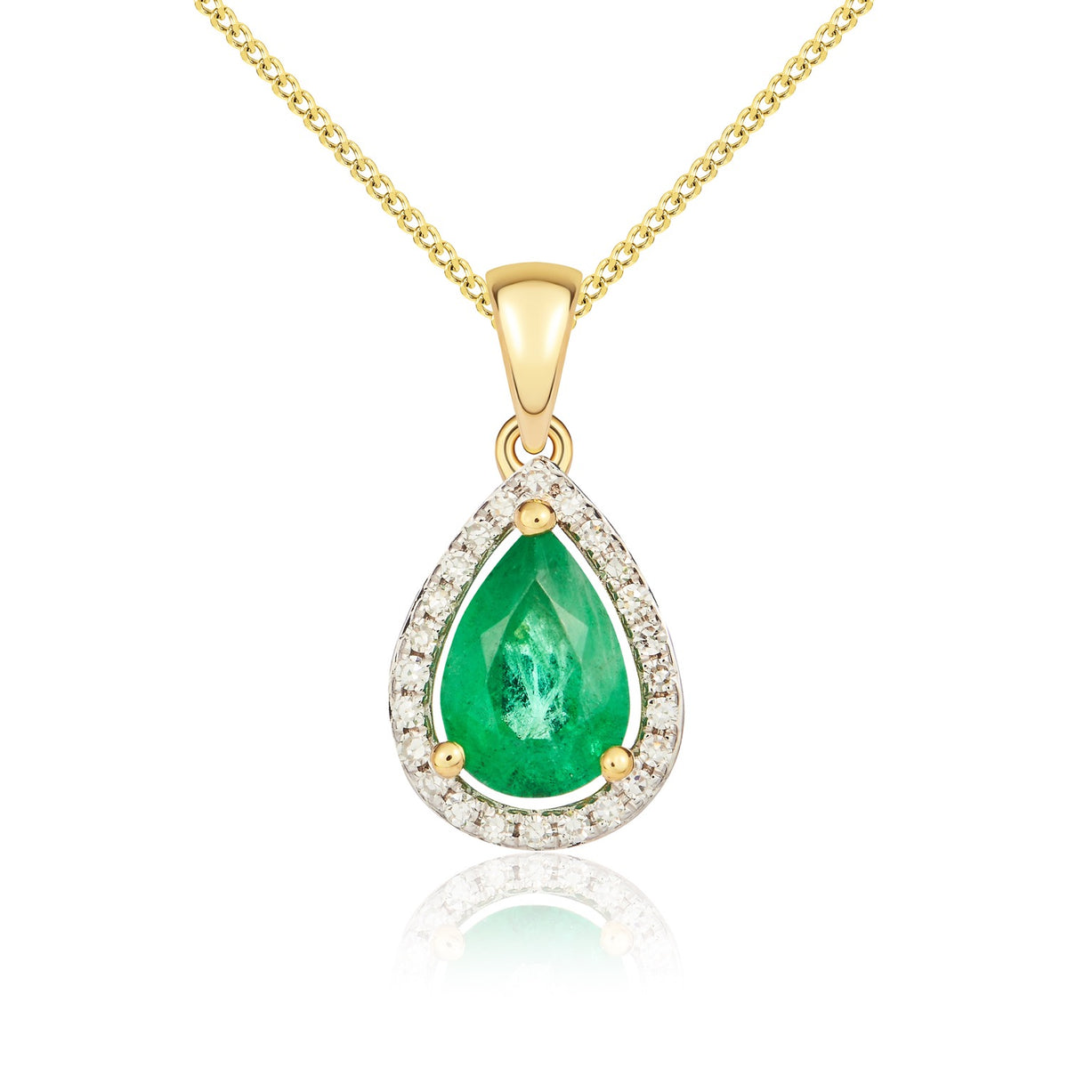 9CT YG 7X5 PEARSHAPE EMERALD & DIAMOND HALO CLAW CLUSTER PENDANT. RHODIUM TO DIAMONDS