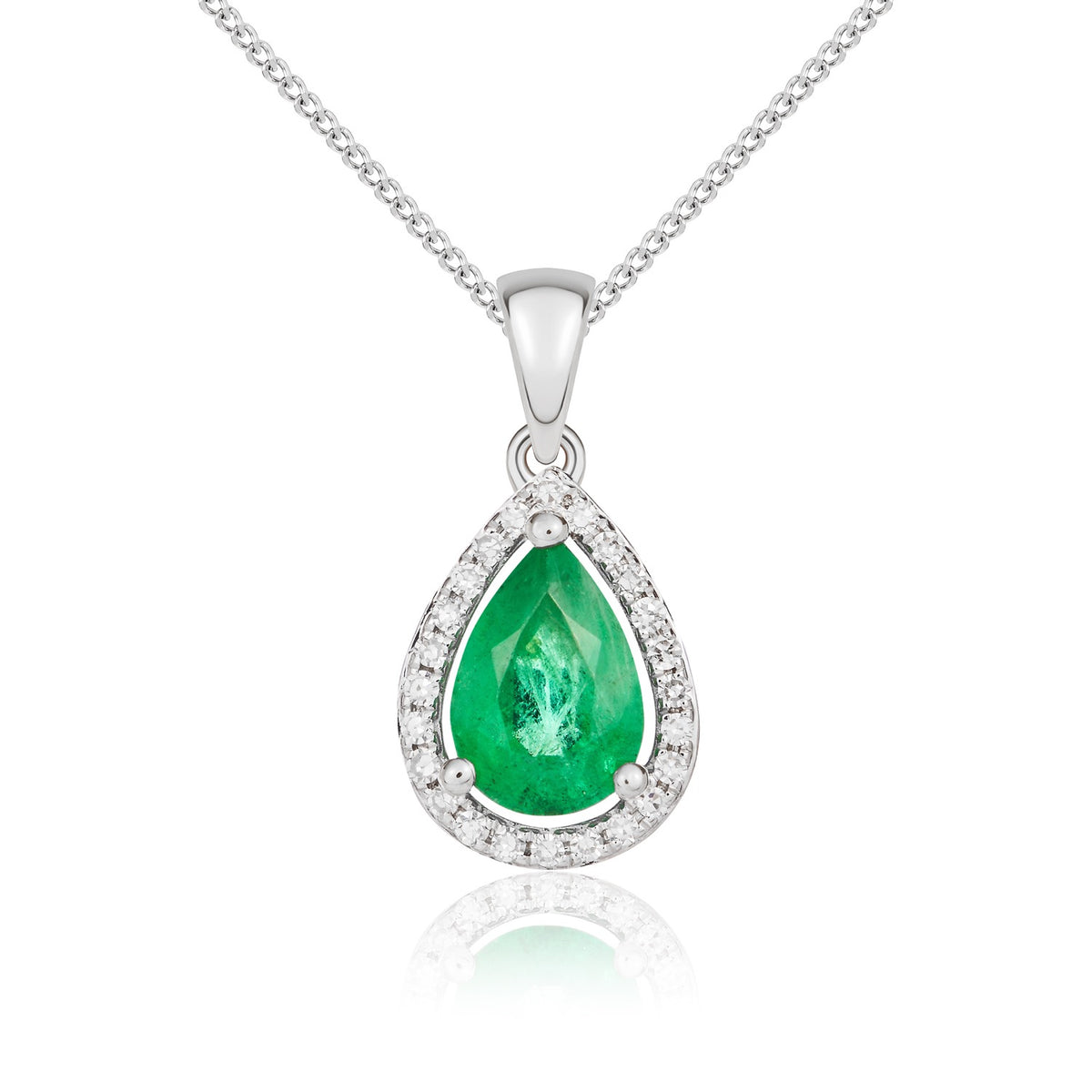9CT WG 7X5 PEARSHAPE EMERALD & DIAMOND HALO CLAW CLUSTER PENDANT