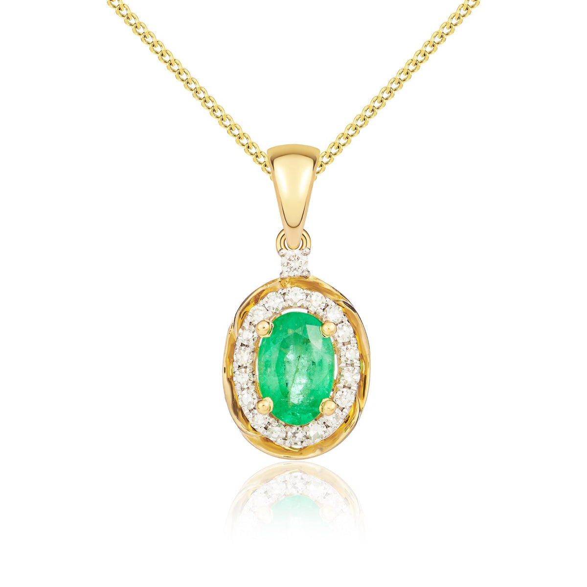 9CT YG 6X4 OVAL EMERALD & DIAMOND CLUSTER PENDANT WITH ROPE EDGE. RHODIUM TO DIAMONDS