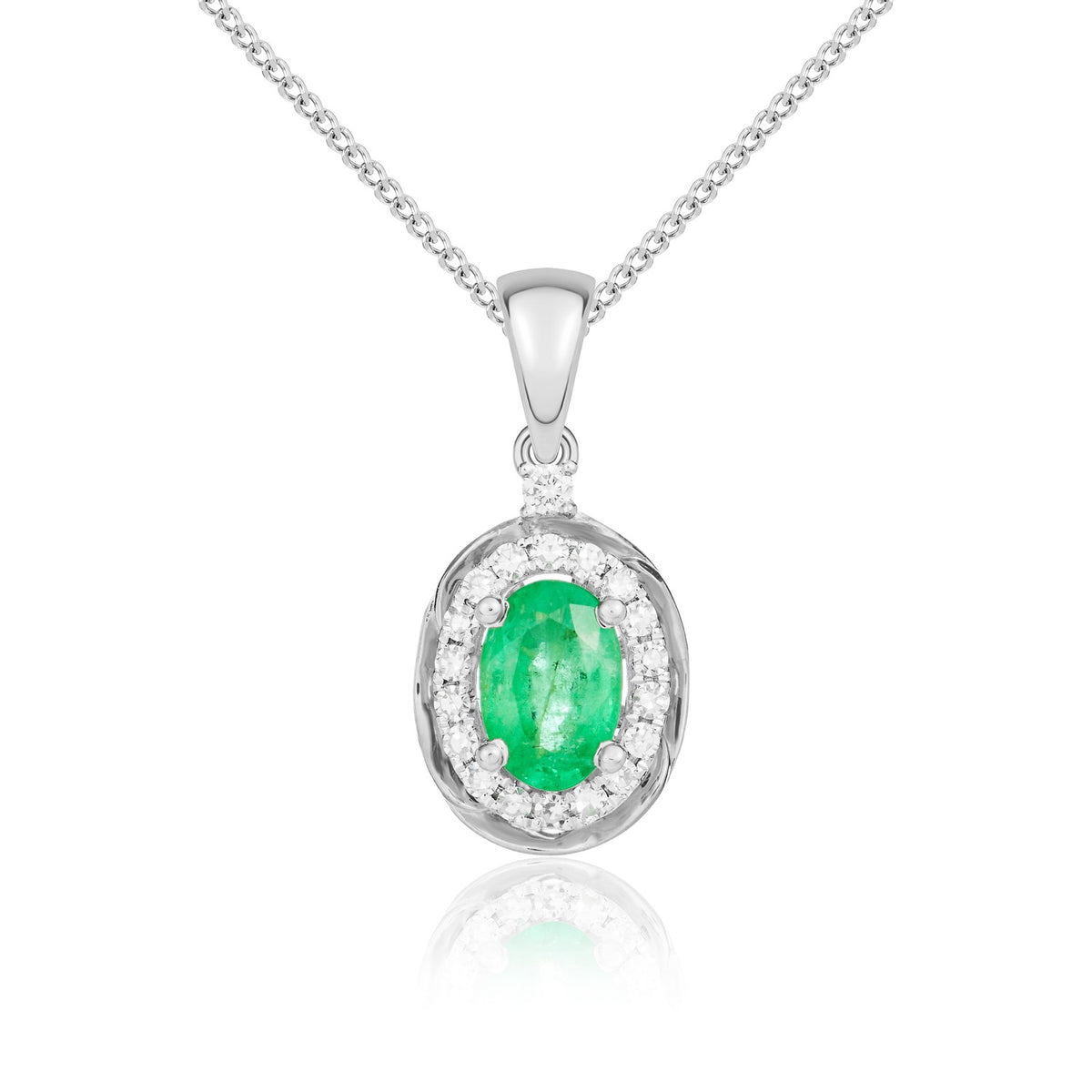 9CT WG 6X4 OVAL EMERALD & DIAMOND CLUSTER PENDANT WITH ROPE EDGE.