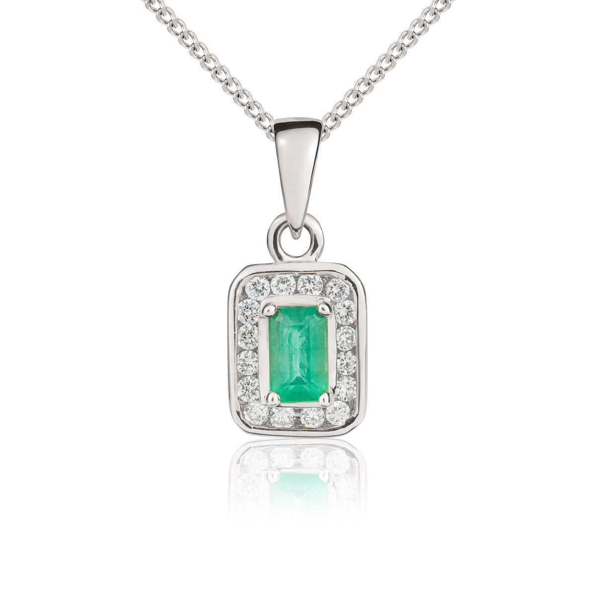 9CT WG 5X3 OCTAGON EMERALD & DIAMOND CLUSTER PENDANT