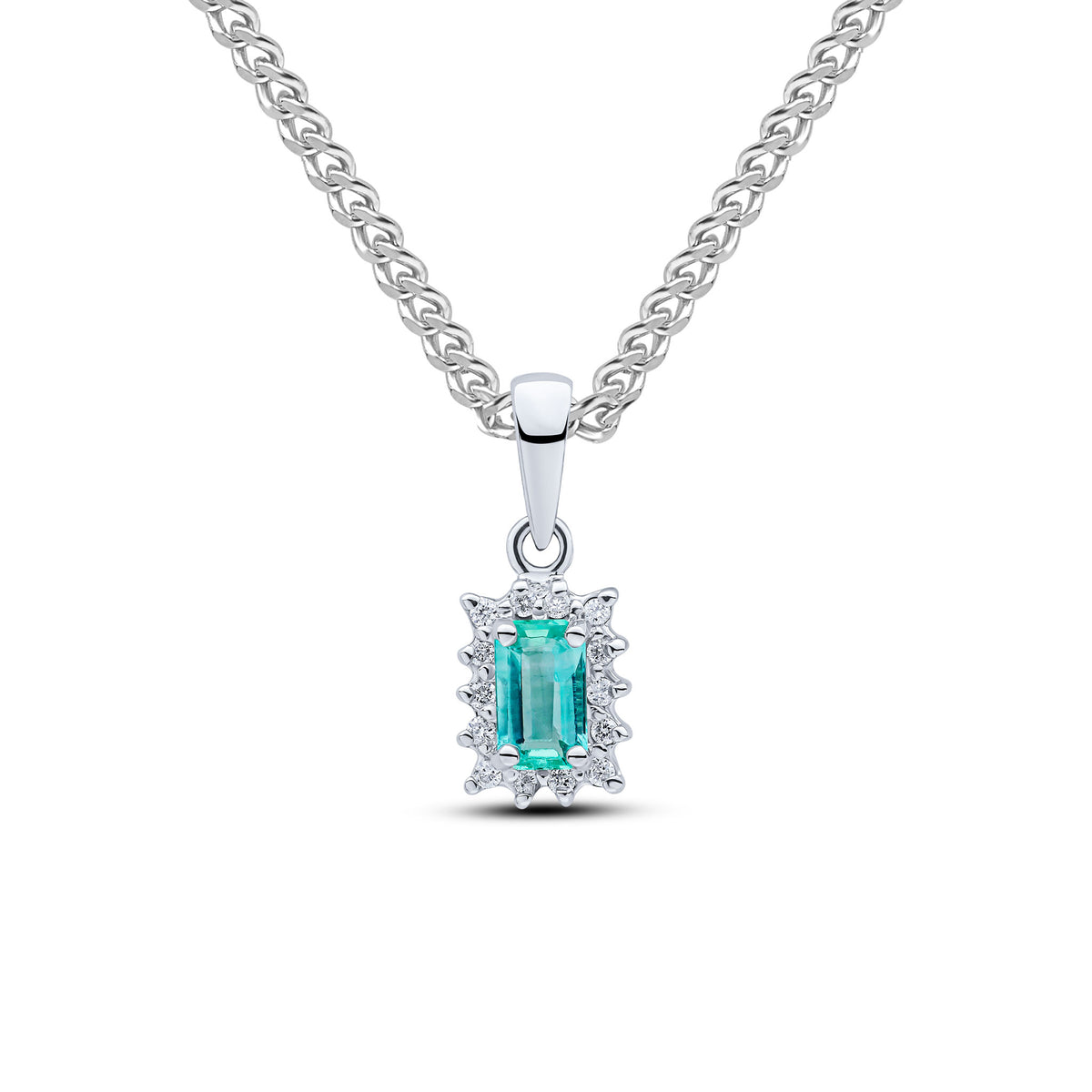 9CT WG 5X3 OCTAGON EMERALD & DIAMOND CLAW SET CLUSTER PENDANT