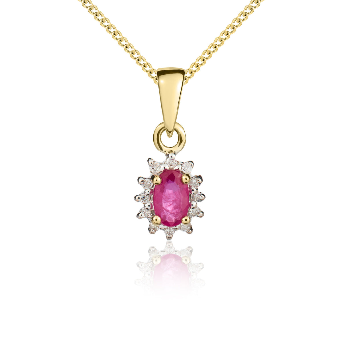 9YG.OVAL RUBY & DIAMOND CLAW CLUSTER PENDANT