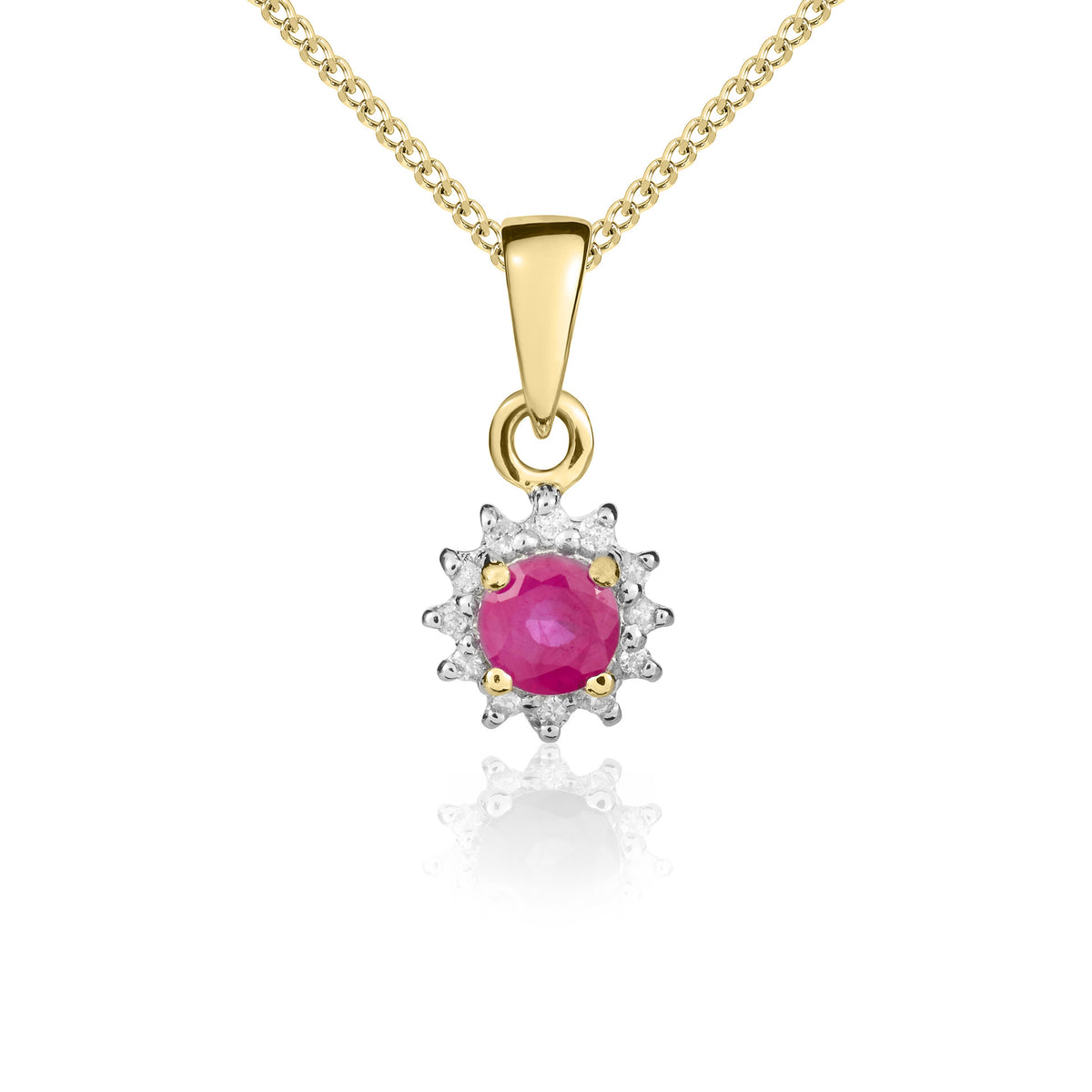 9CT YG 4MM ROUND RUBY & DIAMOND CLAW SET PENDANT. RHODIUM TO DIAMONDS