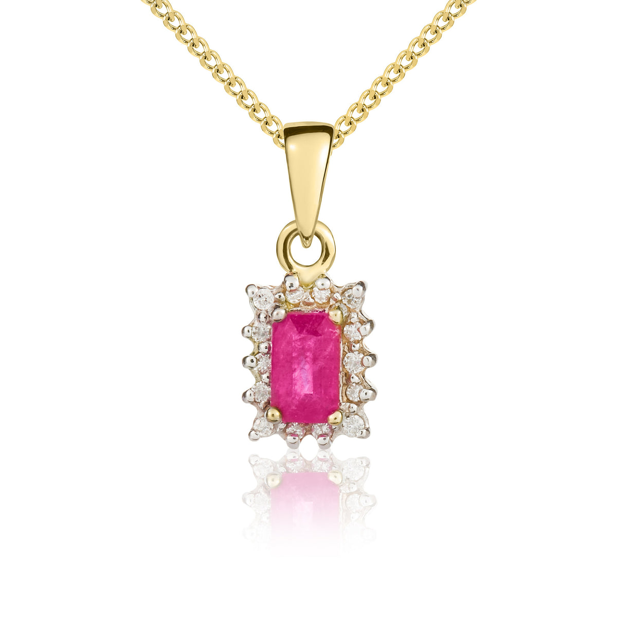 9CT YG 5X3 OCTAGON RUBY & DIAMOND CLAW SET CLUSTER PENDANT. RHODIUM TO DIAMONDS