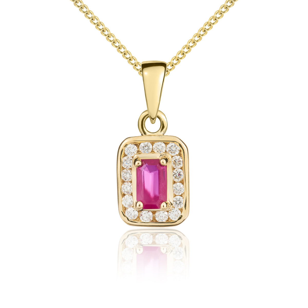 9CT YG 5X3 OCTAGON RUBY & DIAMOND CLUSTER PENDANT