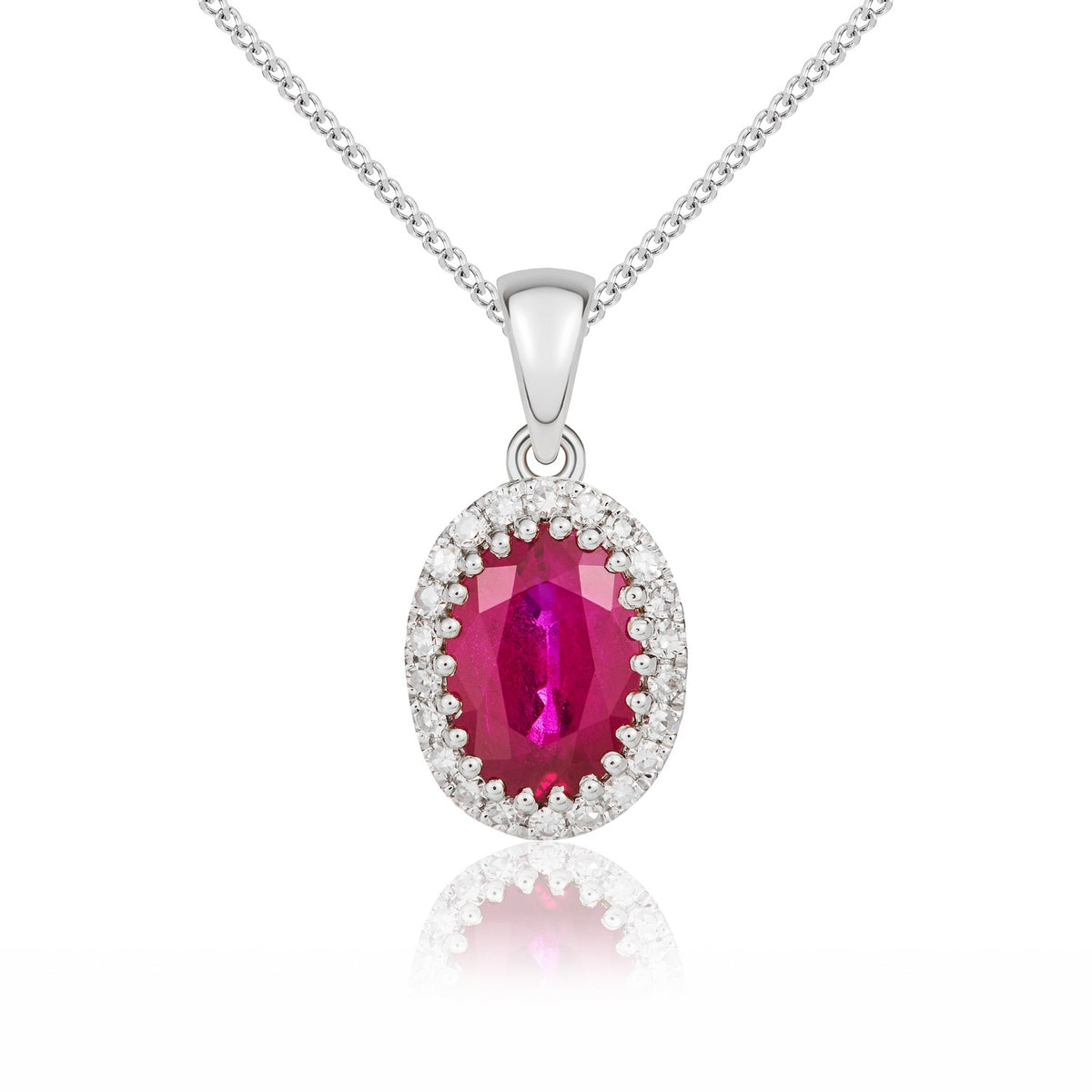9CT WG 7X5 OVAL RUBY AND ROUND DIAMOND CLAW CLUSTER PENDANT WITH PLAIN LOOP