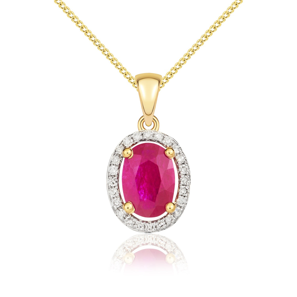 9CT YG 7X5MM OVAL RUBY AND DIAMOND HALO CLUSTER PENDANT. RHODIUM TO DIAMONDS