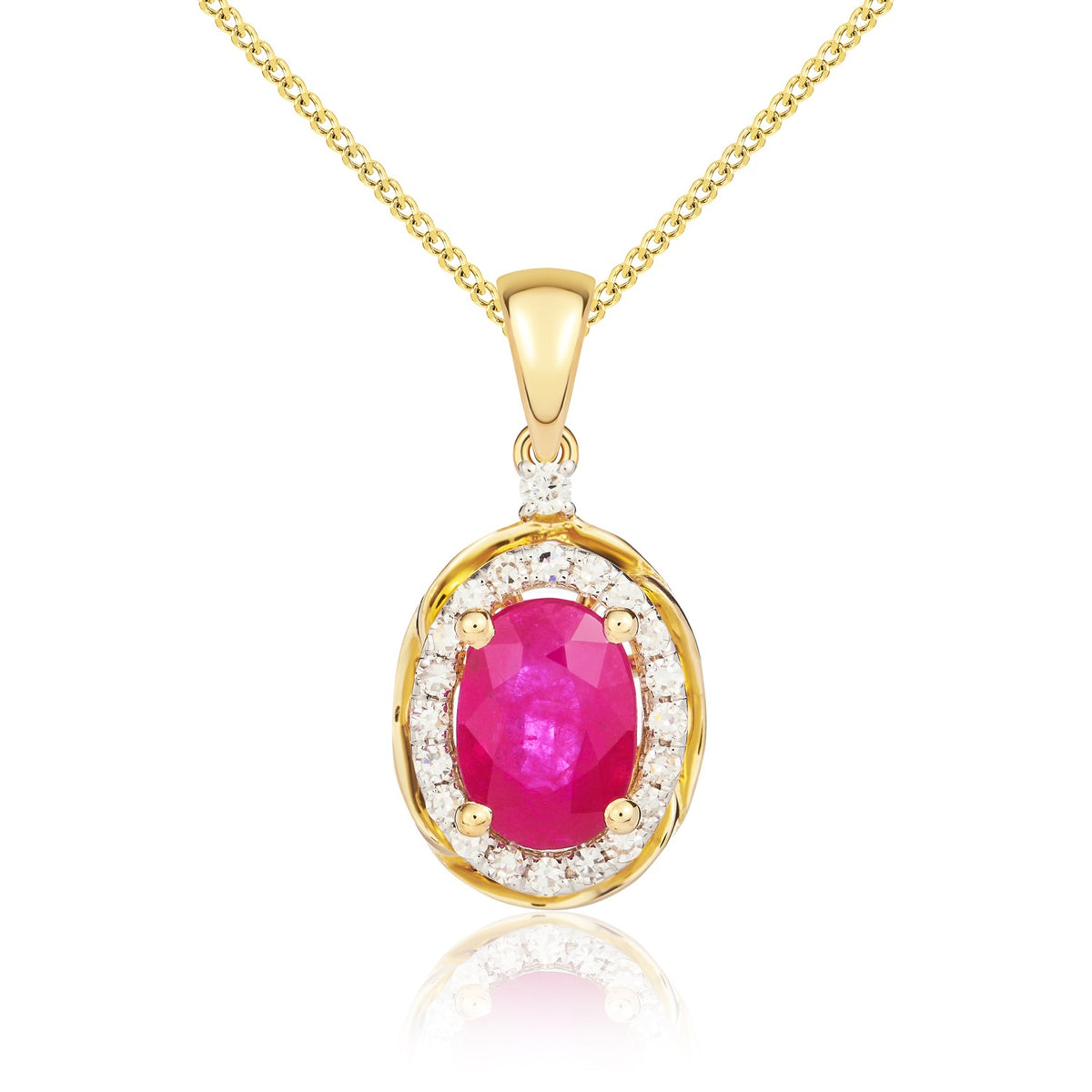 9CT YG 7X5 OVAL RUBY & DIAMOND CLUSTER PENDANT WITH ROPE EDGE. RHODIUM TO DIAMONDS