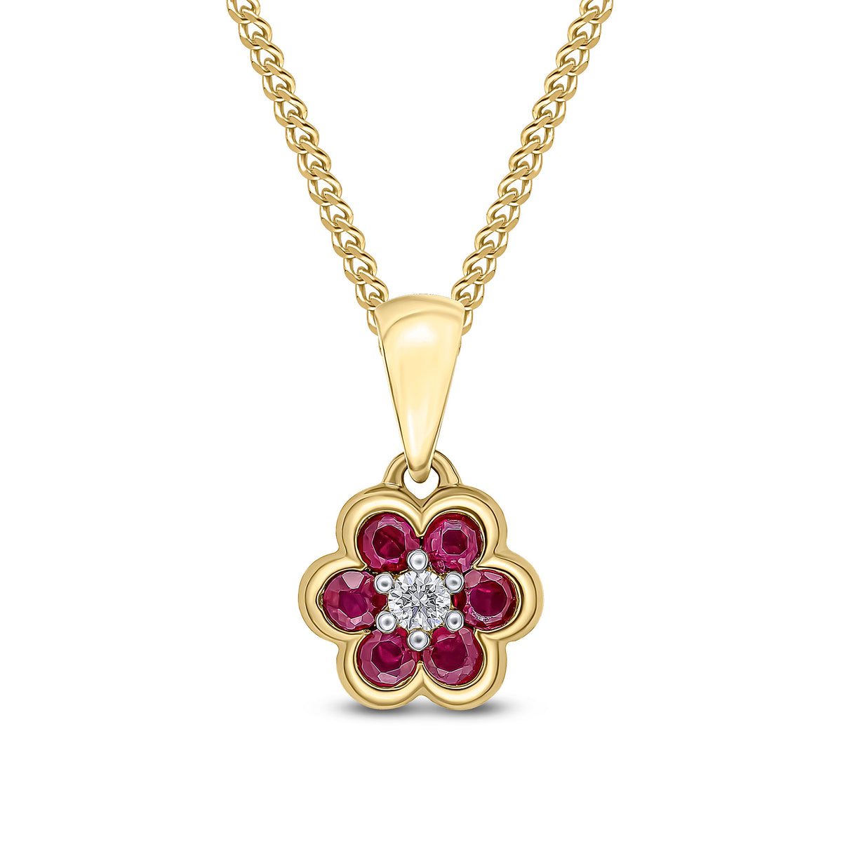 9CT YG ROUND RUBY AND DIAMOND RUBOVER SET REVERSE CLUSTER PENDANT. RHODIUM TO DIAMOND