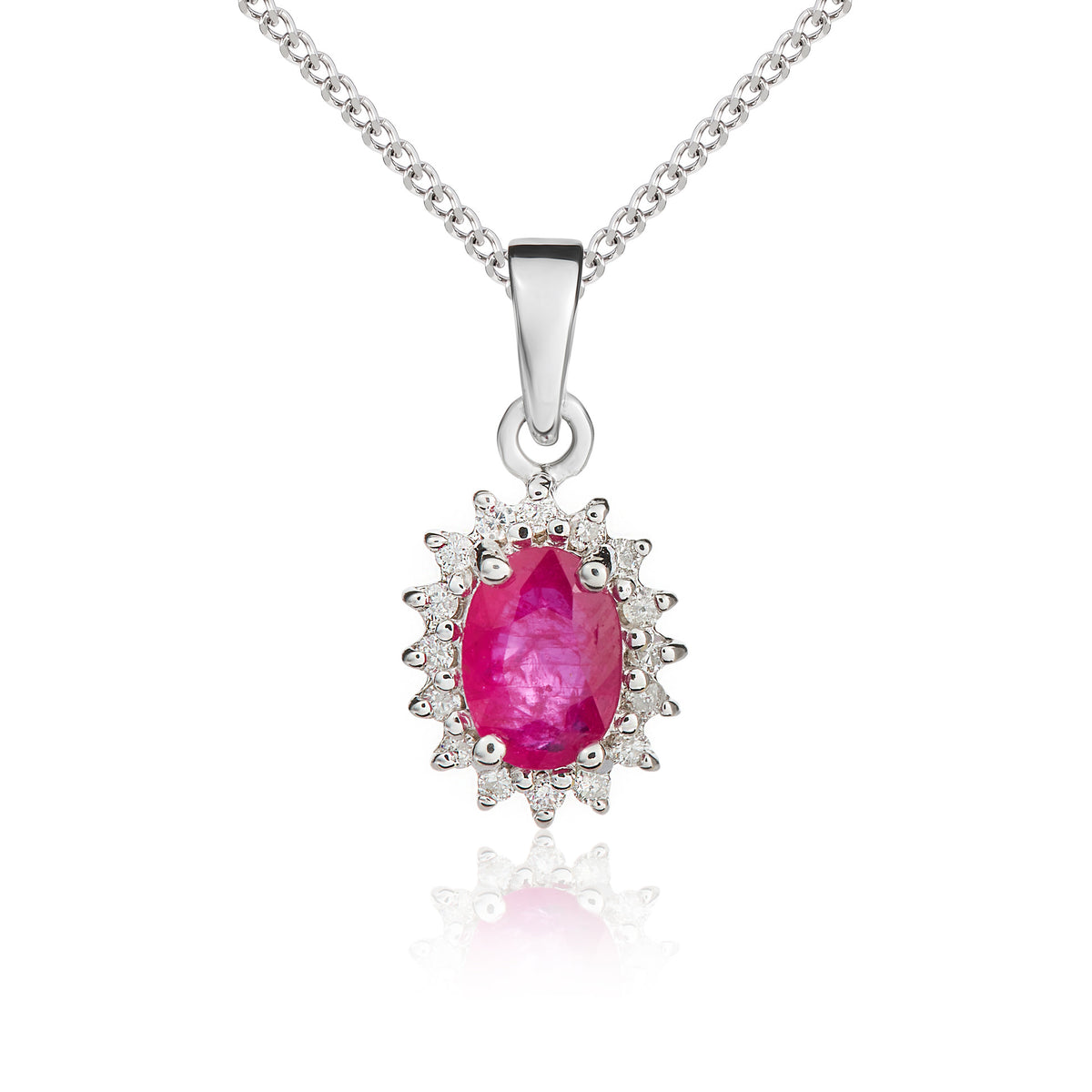 9CT WG 7X5 OVAL RUBY & DIAMOND CLAW CLUSTER PENDANT
