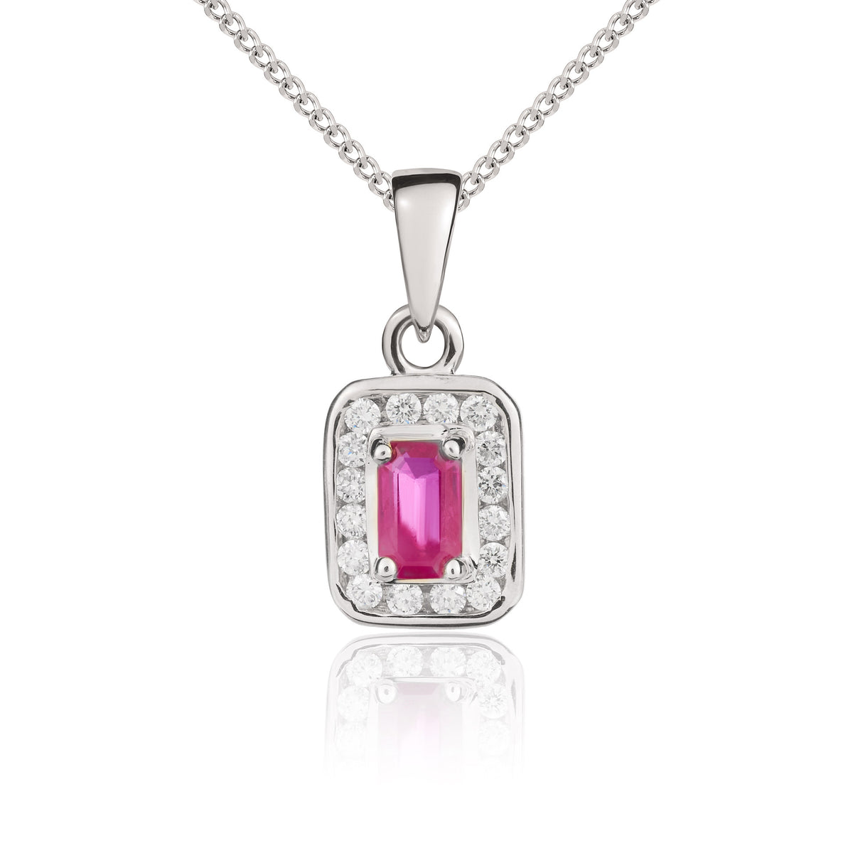 9CT WG 5X3 OCTAGON RUBY & DIAMOND CLUSTER PENDANT