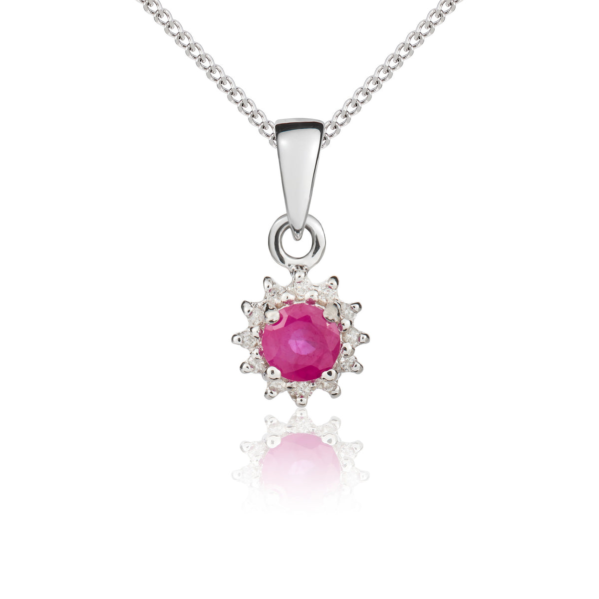 9CT WG 4MM ROUND RUBY & DIAMOND CLAW SET PENDANT