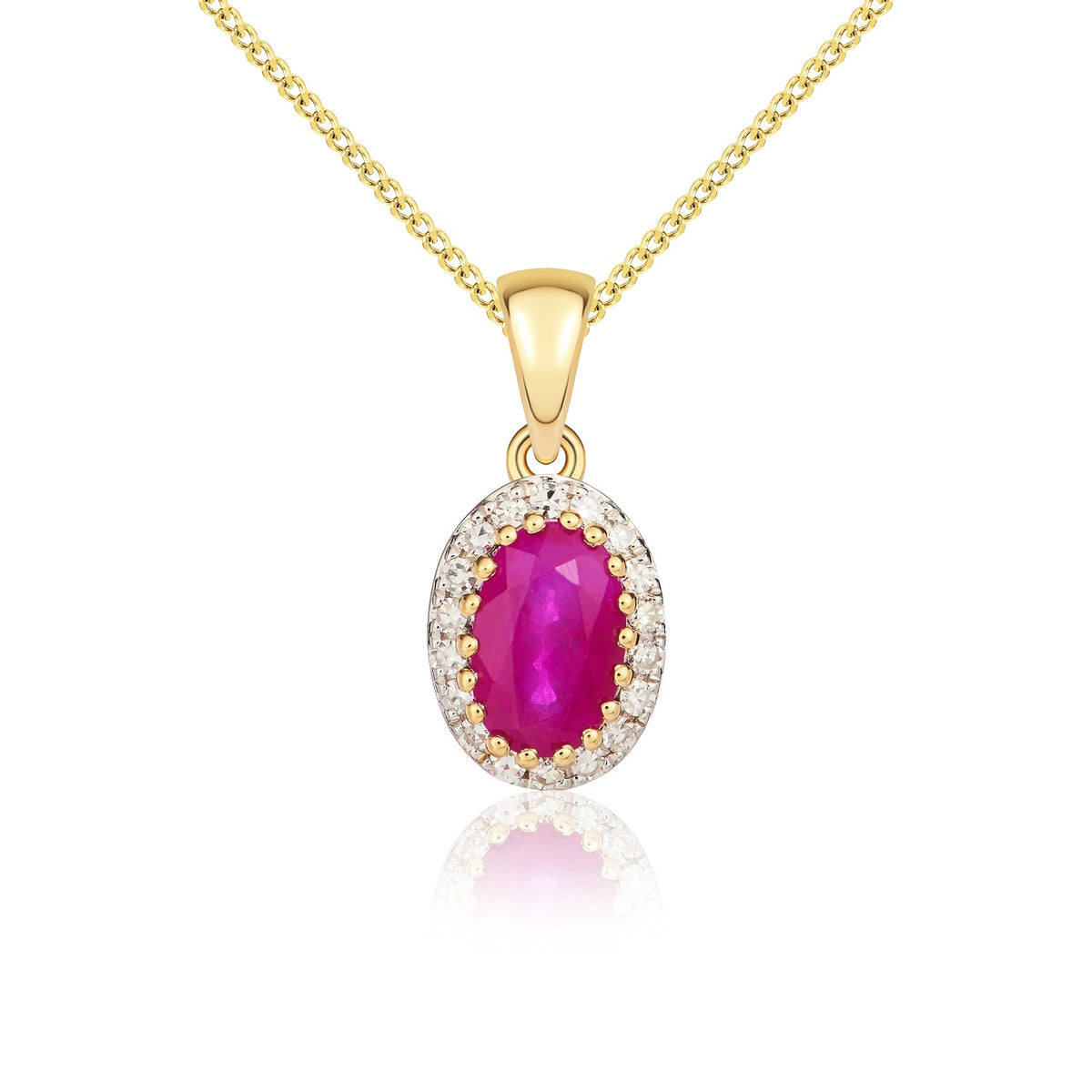 9CT YELLOW GOLD OVAL RUBY AND DIAMOND CLAW CLUSTER PENDANT