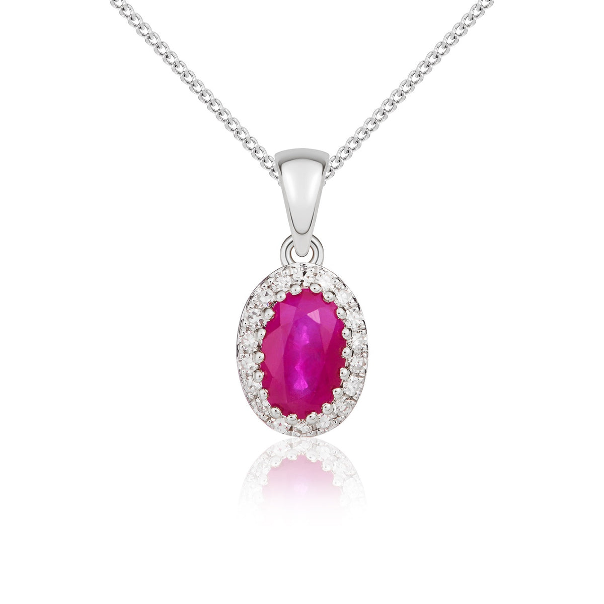 9CT WG 6X4 OVAL RUBY AND DIAMOND CLAW CLUSTER PENDANT