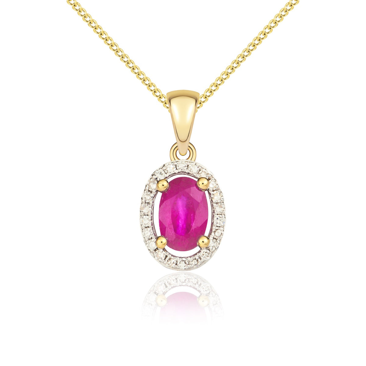 9CT YG 6X4 OVAL RUBY AND ROUND DIAMOND HALO CLUSTER PENDANT WITH PLAIN LOOP TOP. RHODIUM TO DIAMONDS