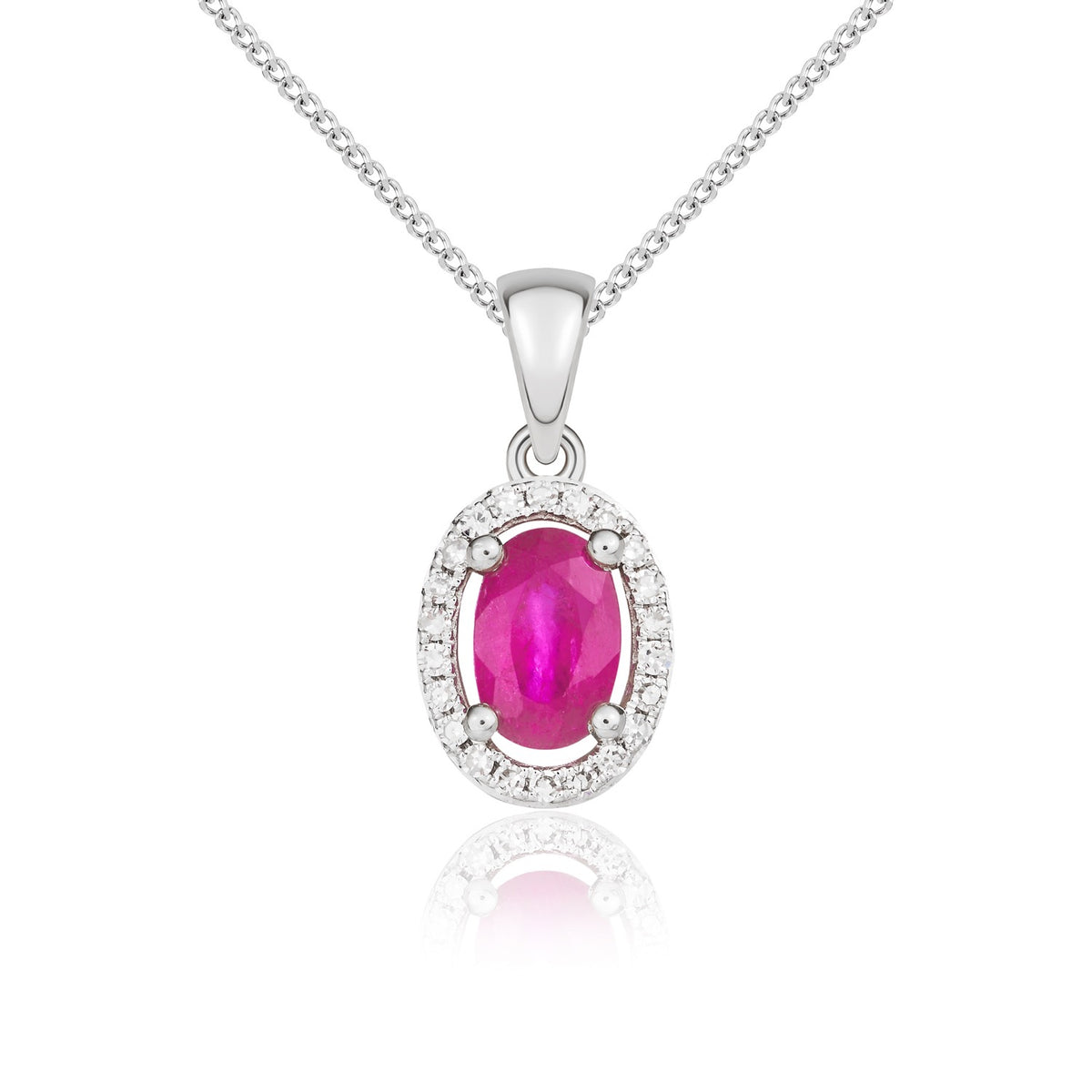 9CT WG 6X4 OVAL RUBY AND ROUND DIAMOND HALO CLUSTER PENDANT WITH PLAIN LOOP TOP