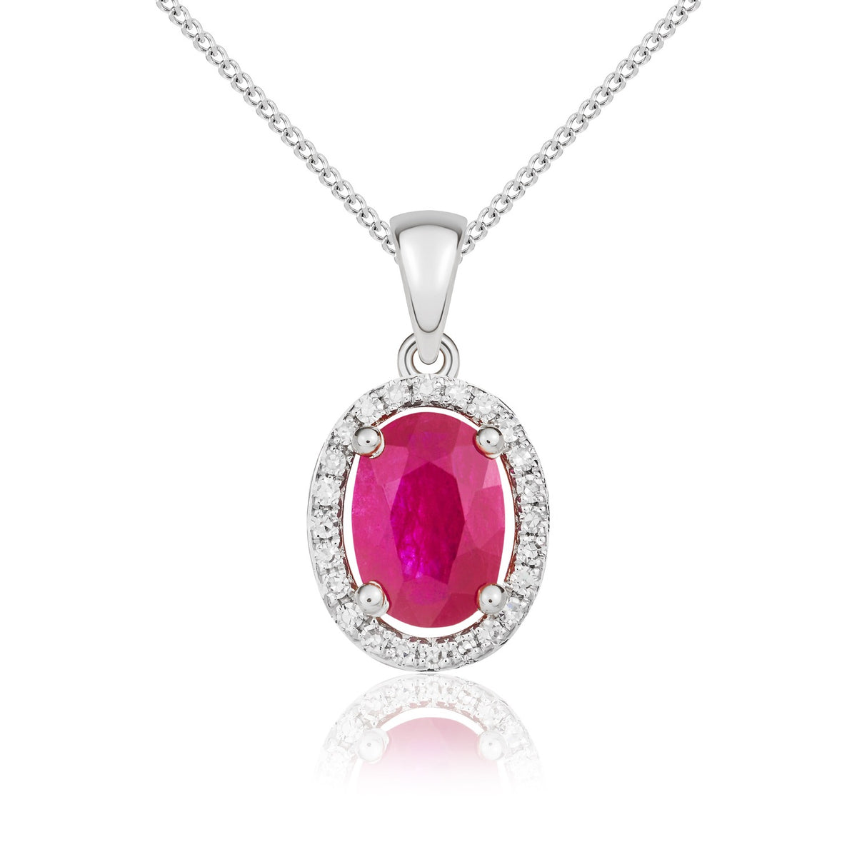 9CT WG 7X5MM OVAL RUBY AND DIAMOND HALO CLUSTER PENDANT