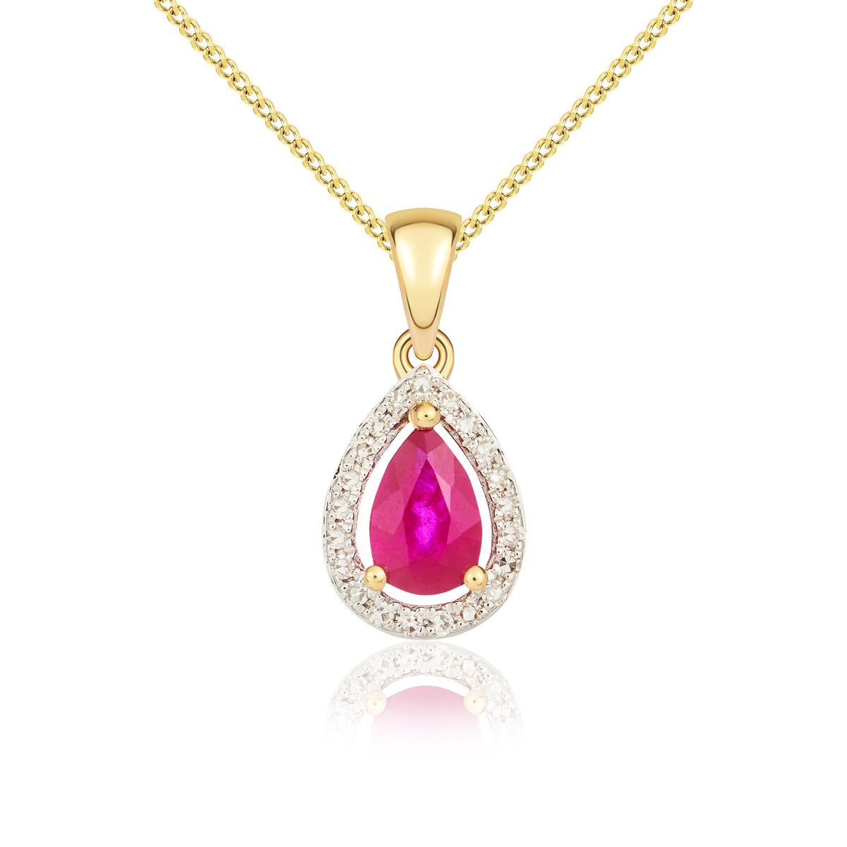 9CT YG 6X4 PEARSHAPE RUBY & DIAMOND HALO CLUSTER PENDANT. RHODIUM TO DIAMONDS