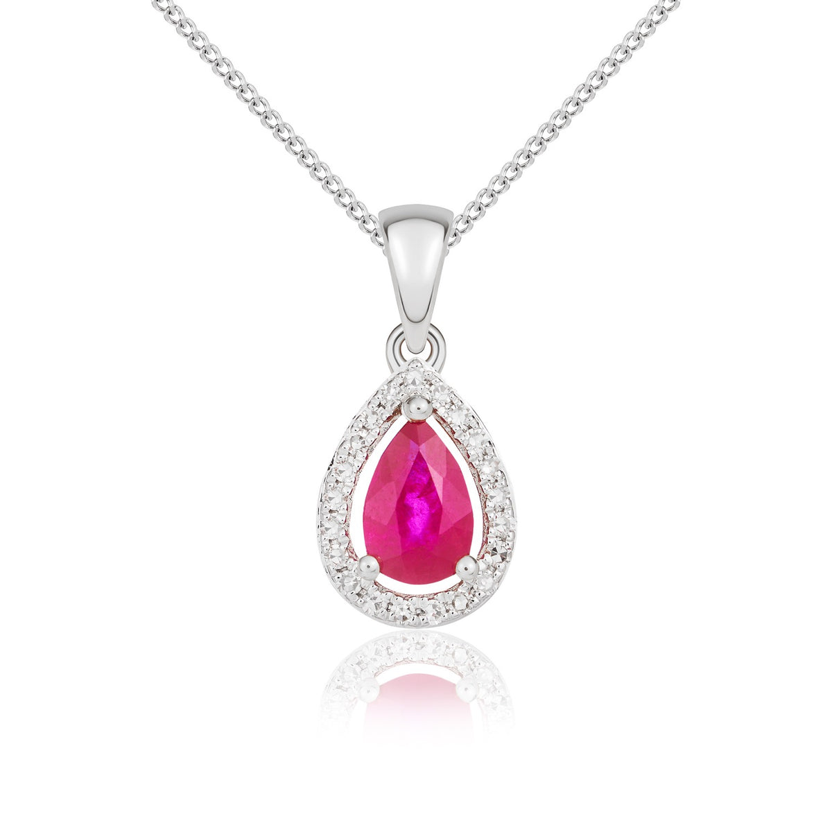 9CT WG 6X4 PEARSHAPE RUBY & DIAMOND HALO CLAW CLUSTER PENDANT
