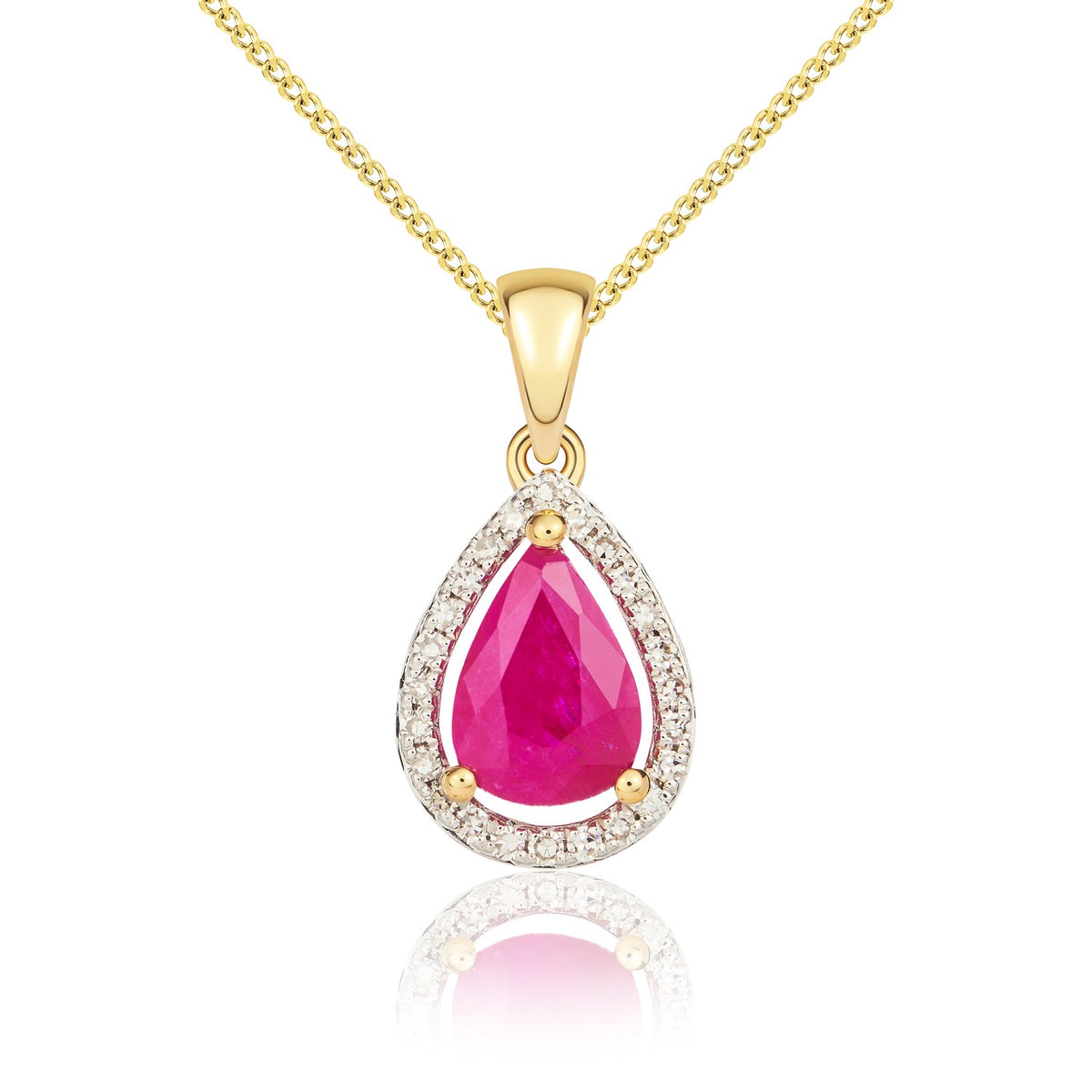 9CT YG 7X5 PEARSHAPE RUBY & DIAMOND HALO CLAW CLUSTER PENDANT. RHODIUM TO DIAMONDS