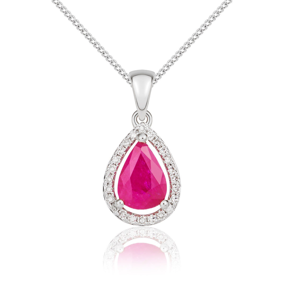 9CT WG 7X5 PEARSHAPE RUBY & DIAMOND HALO CLAW CLUSTER PENDANT