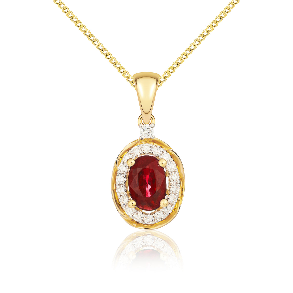 9CT YG 6X4 OVAL RUBY & DIAMOND CLUSTER PENDANT WITH ROPE EDGE. RHODIUM TO DIAMONDS