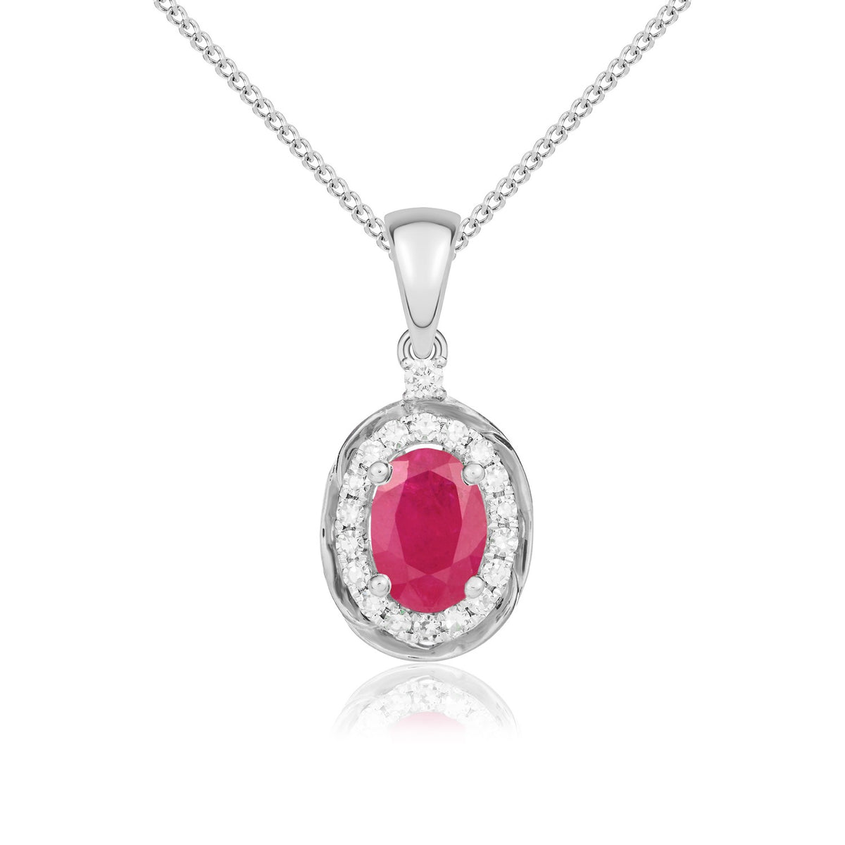 9CT WG 6X4 OVAL RUBY & DIAMOND CLUSTER PENDANT WITH ROPE EDGE.