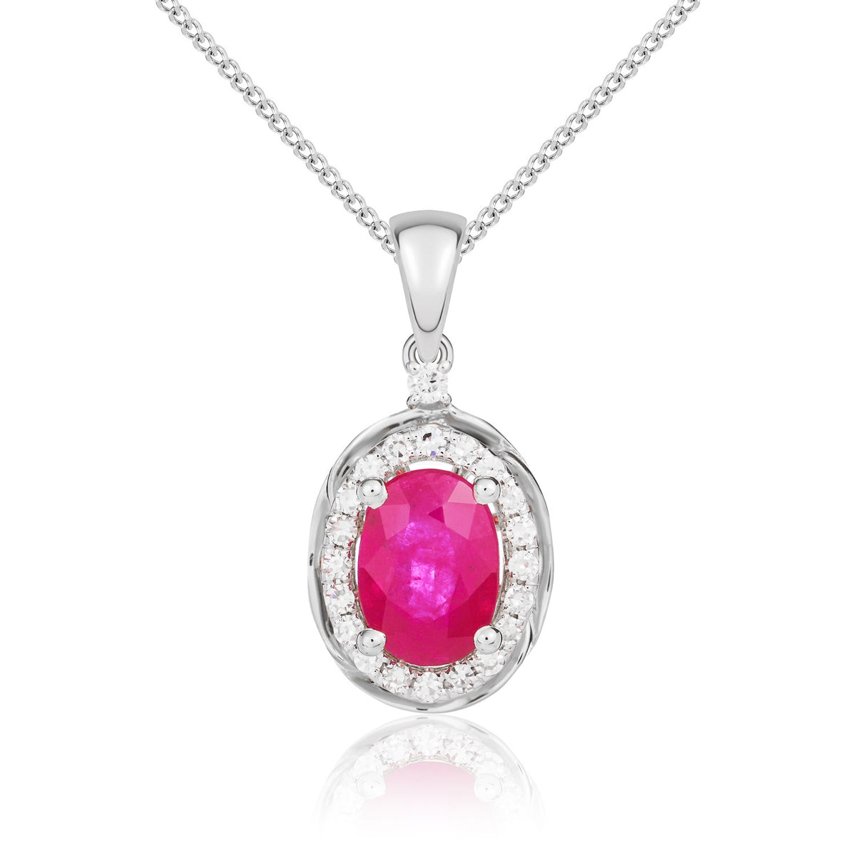 9CT WG 7X5 OVAL RUBY & DIAMOND CLUSTER PENDANT WITH ROPE EDGE
