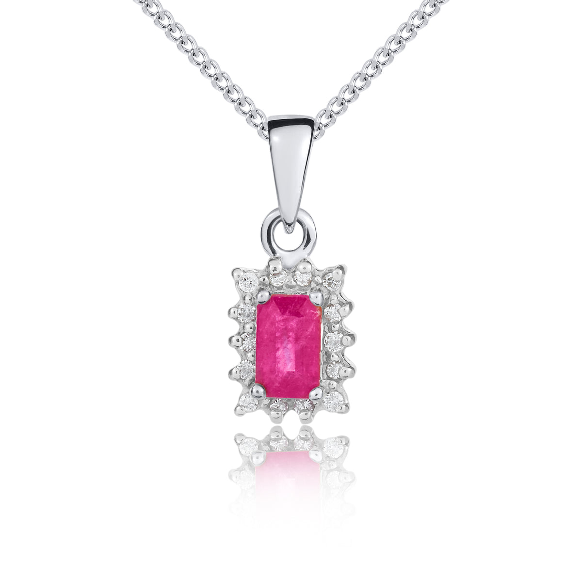 9CT WG 5X3 OCTAGON RUBY & DIAMOND CLAW SET CLUSTER PENDANT