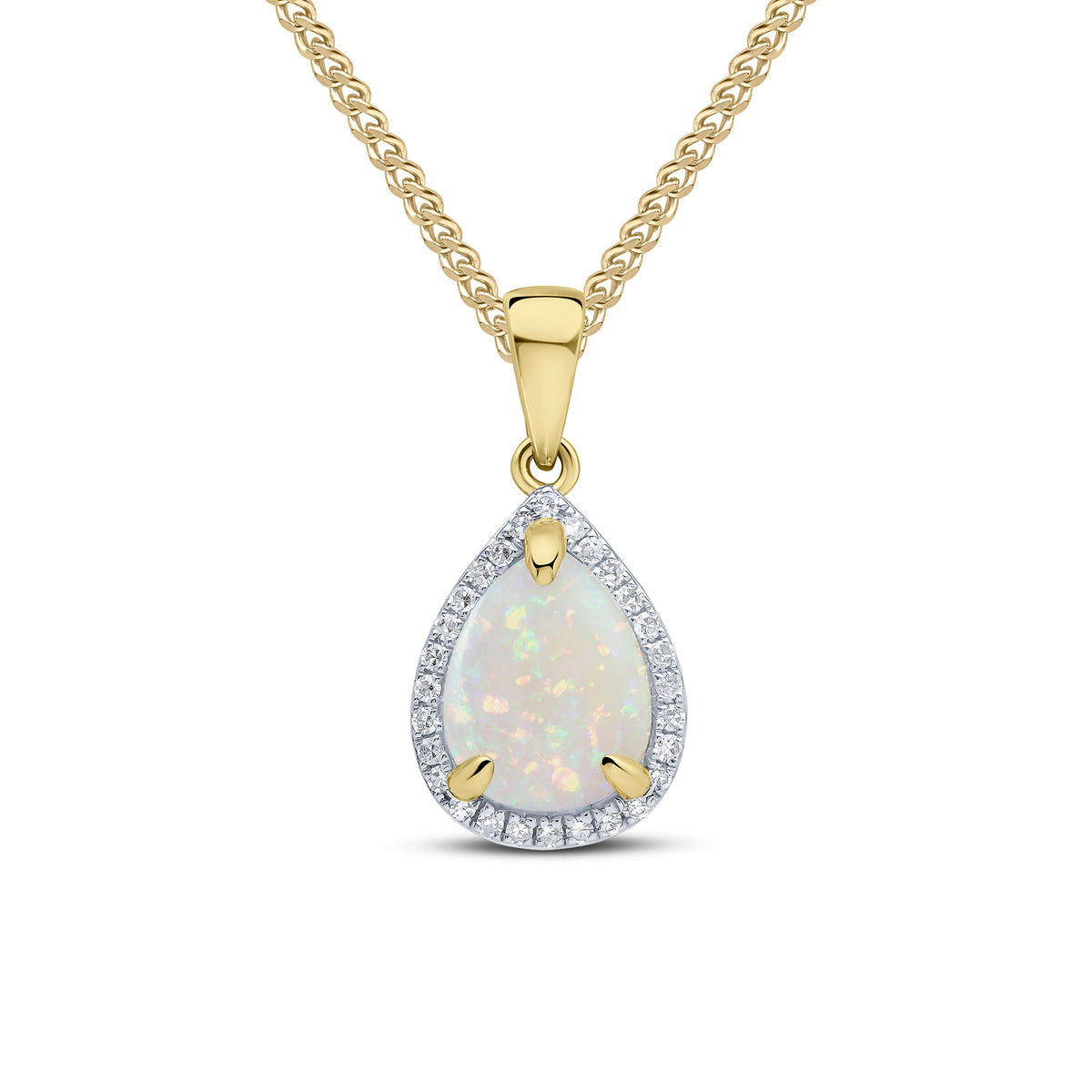 9CT YG 9X7MM PEARSHAPE OPAL AND ROUND DIAMOND CLAW CLUSTER PENDANT WITH PLAIN LOOP TOP. RHODIUM TO DIAMONDS
