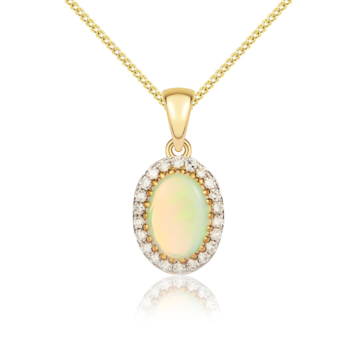 9CT YELLOW GOLD 7X5 OVAL OPAL AND ROUND DIAMOND CLAW SET CLUSTER PENDANT WITH PLAIN LOOP. RHODIUM TO DIAMONDS