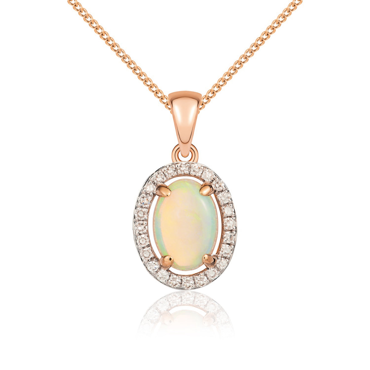 9CT ROSE GOLD 7x5 OVAL OPAL & DIAMOND HALO PENDANT