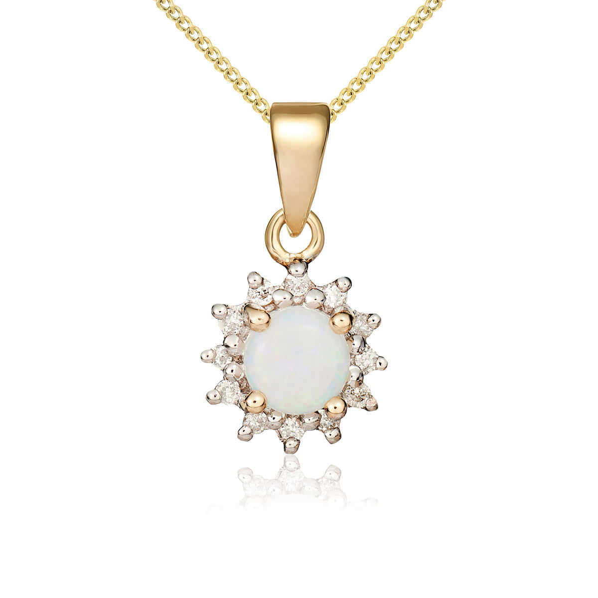 9YG ROUND OPAL & DIAMOND CLUSTER PENDANT