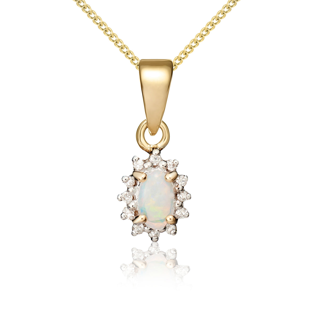 9YG OVAL 5X3MM OPAL & DIAMOND CLAW CLUSTER PENDANT