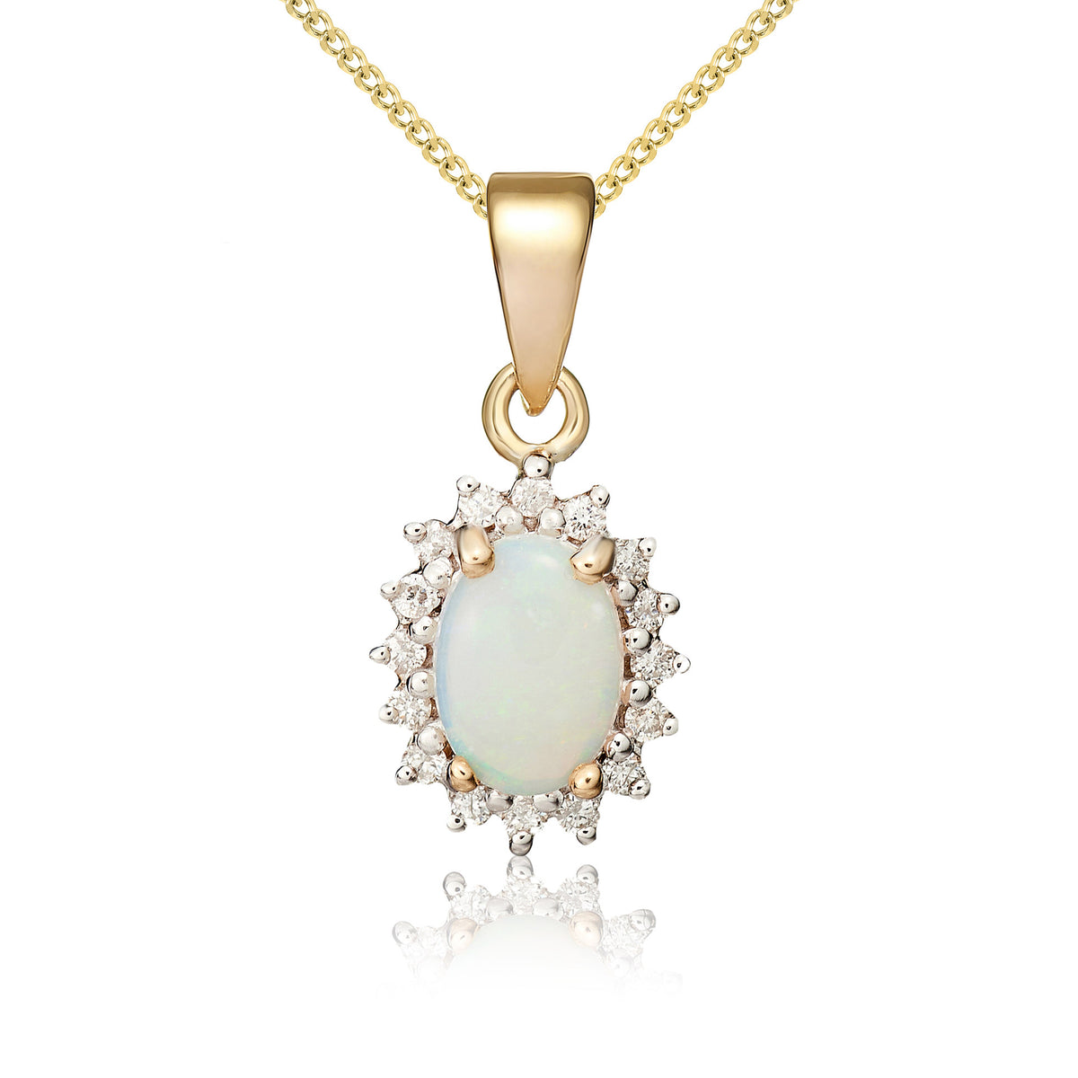 9CT YG 7X5 OVAL OPAL & DIAMOND CLAW SET CLUSTER PENDANT. RHODIUM TO DIAMONDS