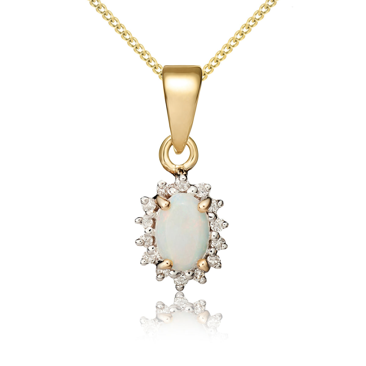 9CT YG 6X4 OVAL OPAL & DIAMOND CLAW SET CLUSTER PENDANT