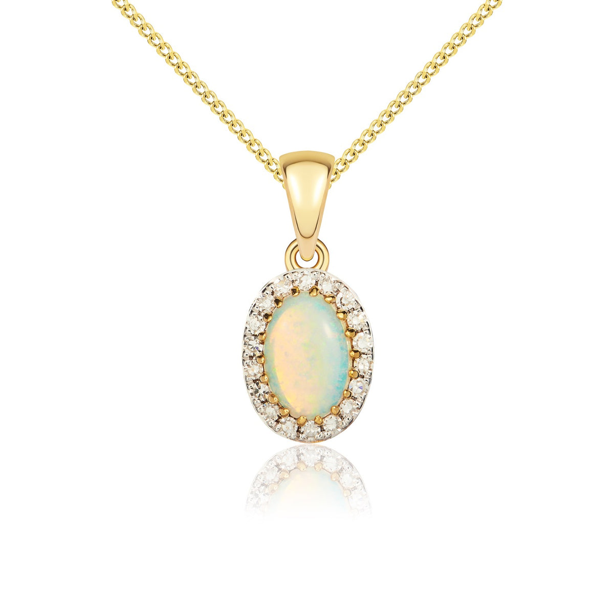 9CT YELLOW GOLD OVAL OPAL AND DIAMOND CLAW CLUSTER PENDANT