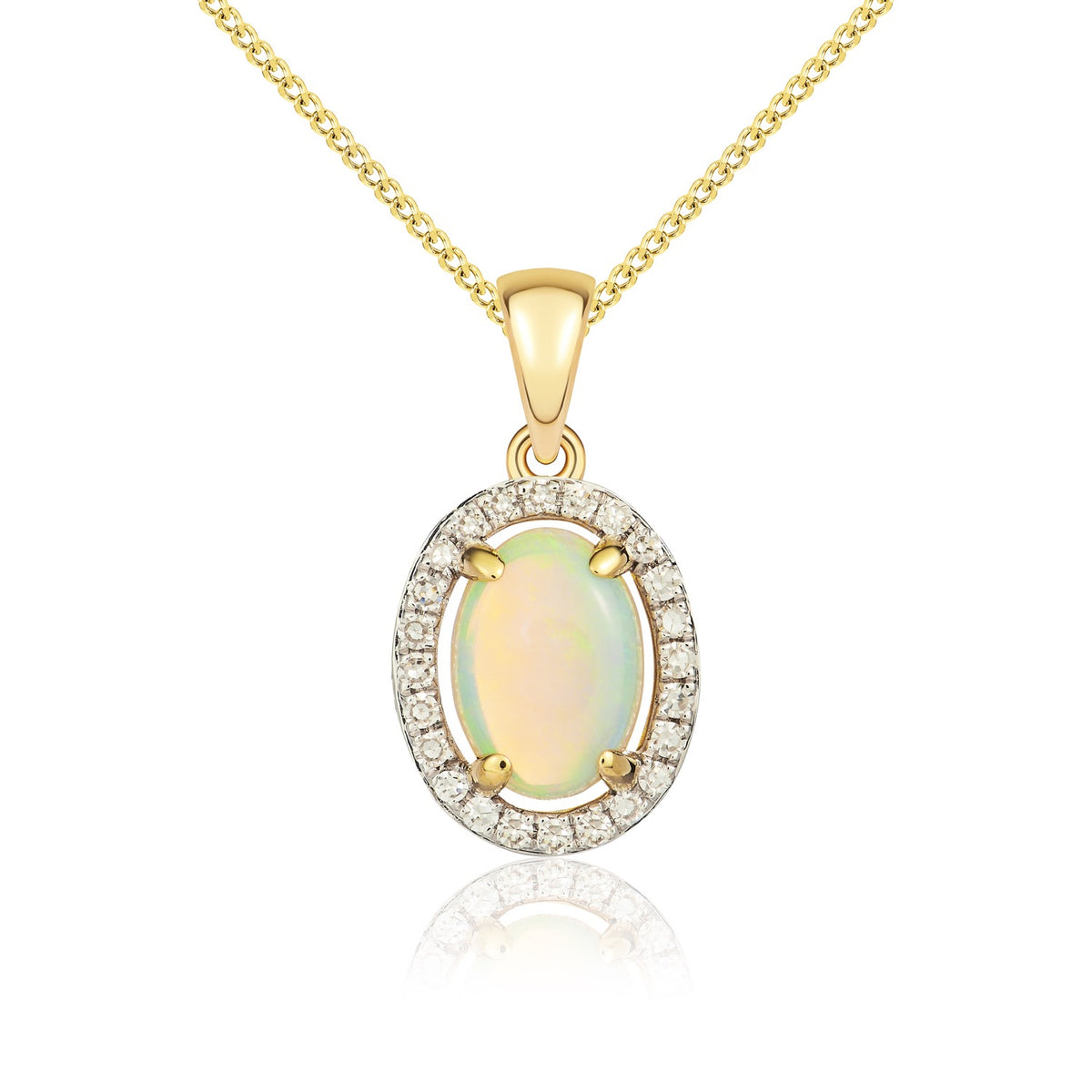 9CT YG 7X5MM OVAL OPAL AND DIAMOND HALO CLUSTER PENDANT. RHODIUM TO DIAMONDS
