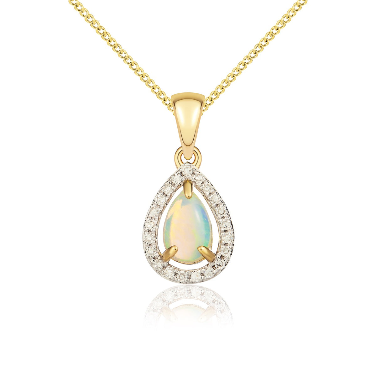 9CT YG 6X4 PEARSHAPE OPAL & DIAMOND HALO CLAW CLUSTER PENDANT. RHDOIUM TO DIAMONDS