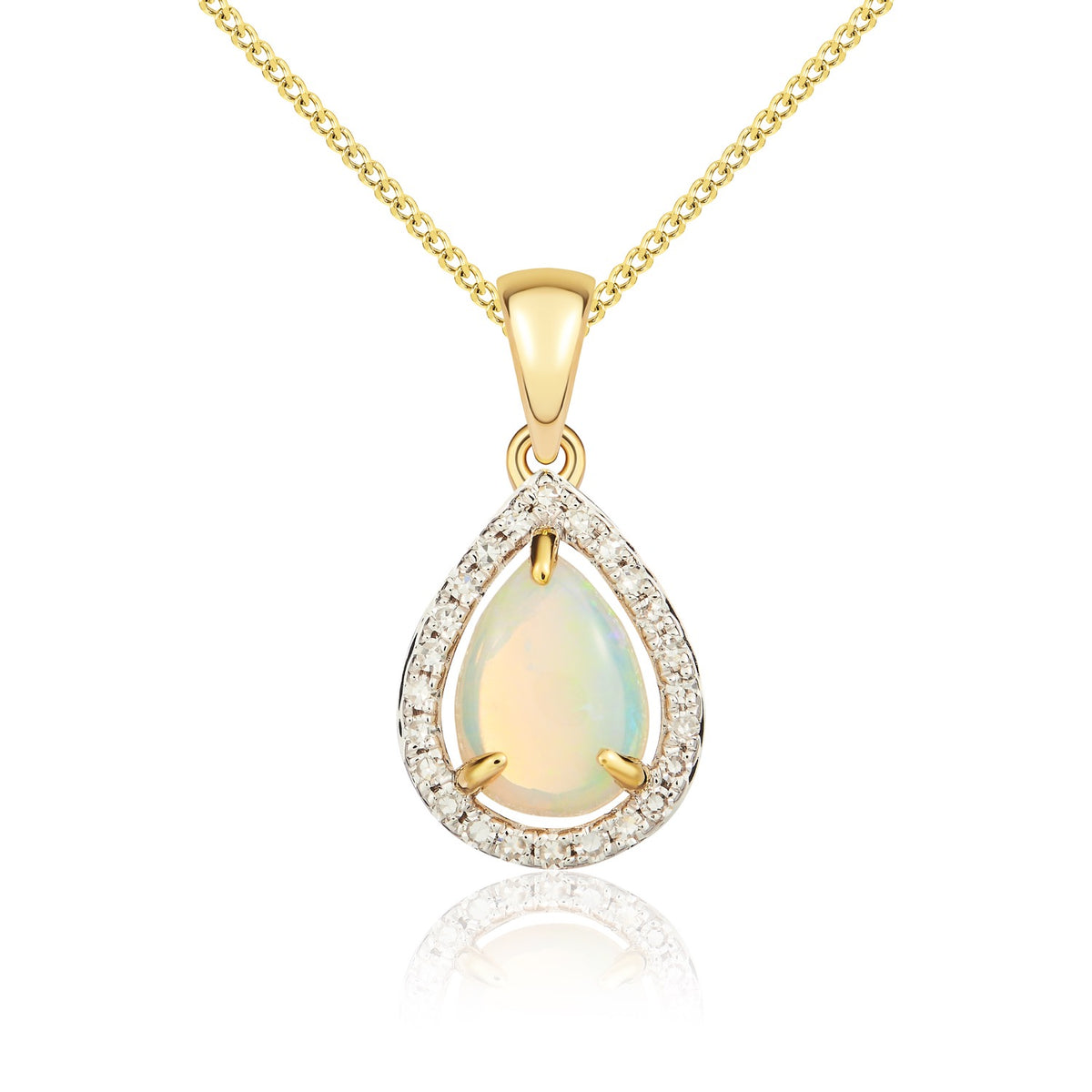 9CT YG 7X5 PEARSHAPE OPAL & DIAMOND HALO CLAW CLUSTER PENDANT. RHODIUM TO DIAMONDS
