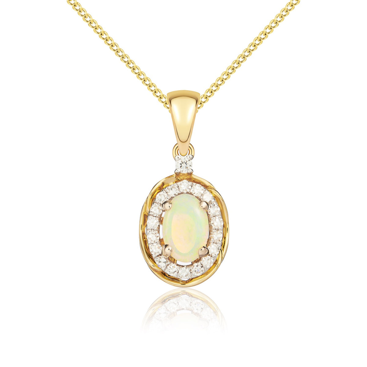 9YG 6X4MM OVAL OPAL & DIAMOND CLAW CLUSTER PENDANT